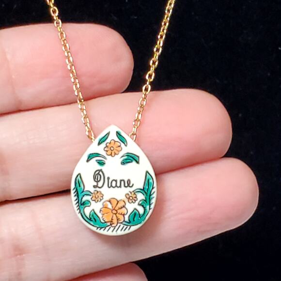 Dainty Name ID Necklace Diane Floral Carved Hand Painted 16" Minimalist Vtg - Picture 2 of 5